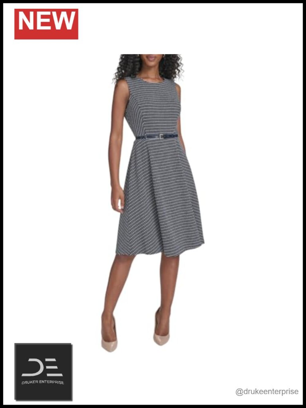 Sleeveless Crew Neck Pinwheel Knit Belted Fit and Flare Midi Dress